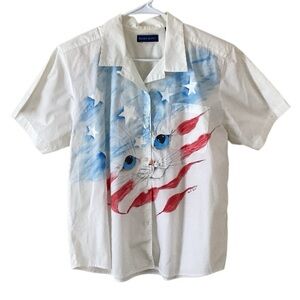 Karen Scott Vintage American Flag Cat Button Down Shirt Large